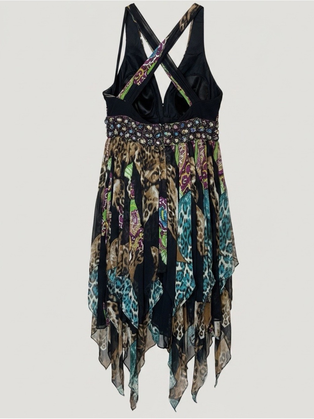 JOVANI 100% Silk Beaded Animal Print Handkerchief Hem Maxi Dress - Picture 4 of 10